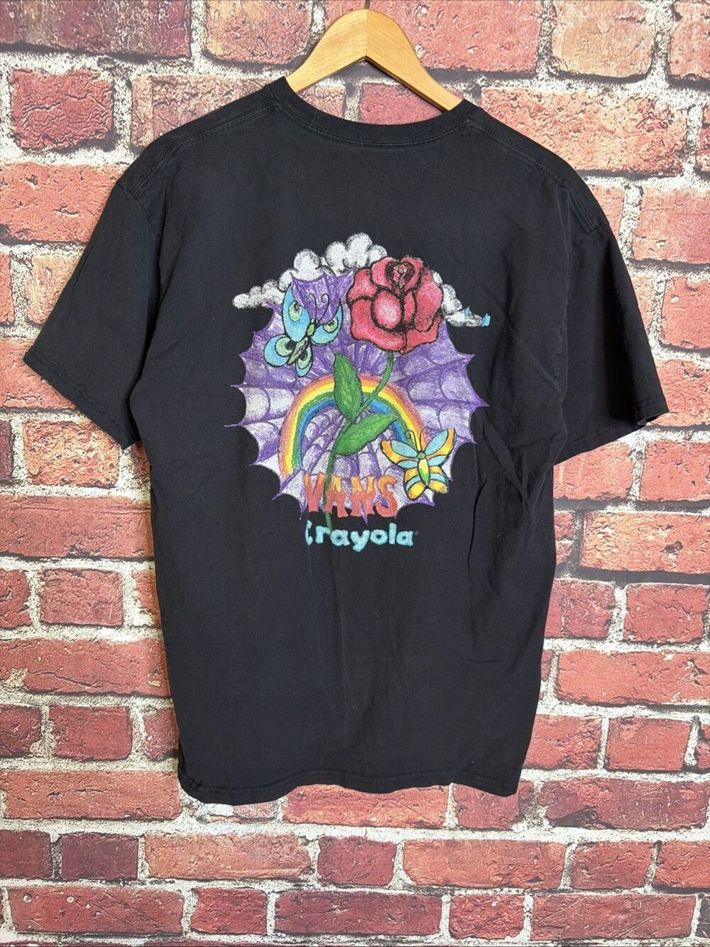 Vans Crayola Short Sleeve T-Shirt Black Large Rose Rainbow Butterfly